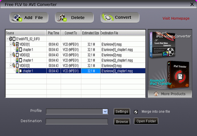 Screenshot of Free FLV to AVI Converter 1.6.20