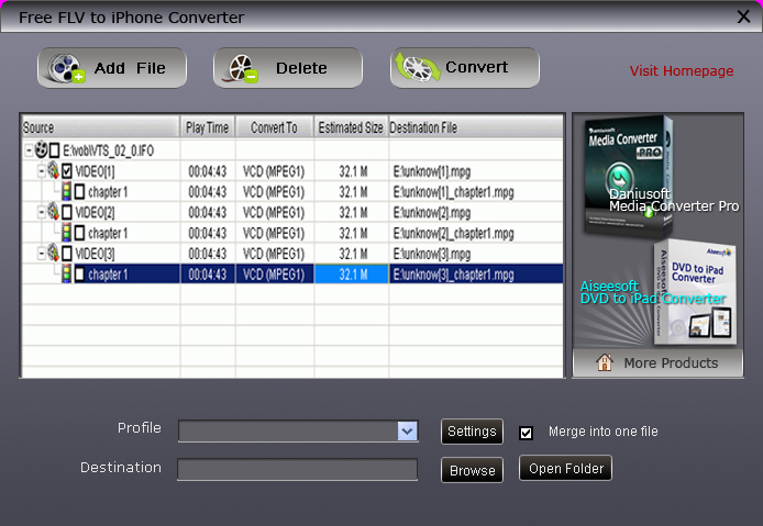 Screenshot of Free FLV to iPhone Converter 2.1.0.0