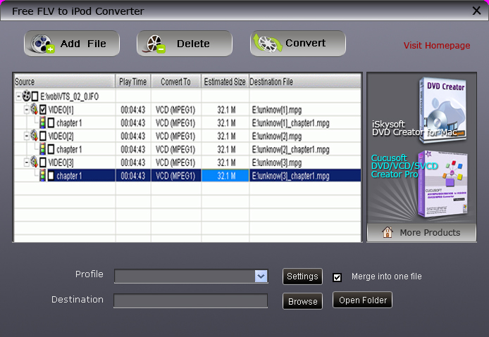 Screenshot of Free FLV to iPod  Converter 2.1.0.0
