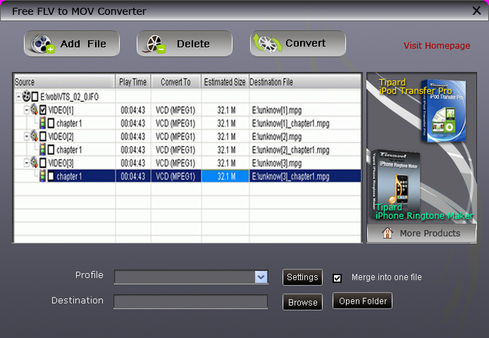 Screenshot of Free FLV to MOV Converter