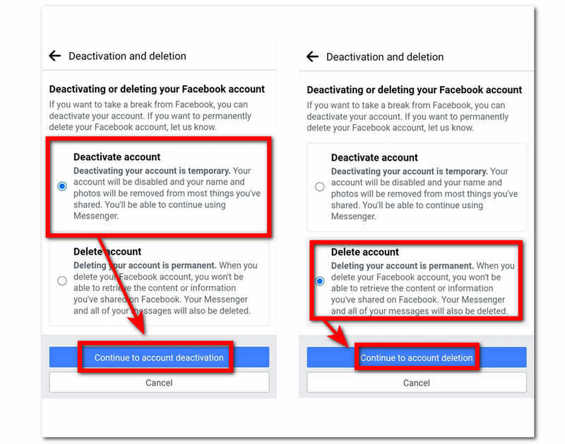 Facebook App Deactivate or Delete Account