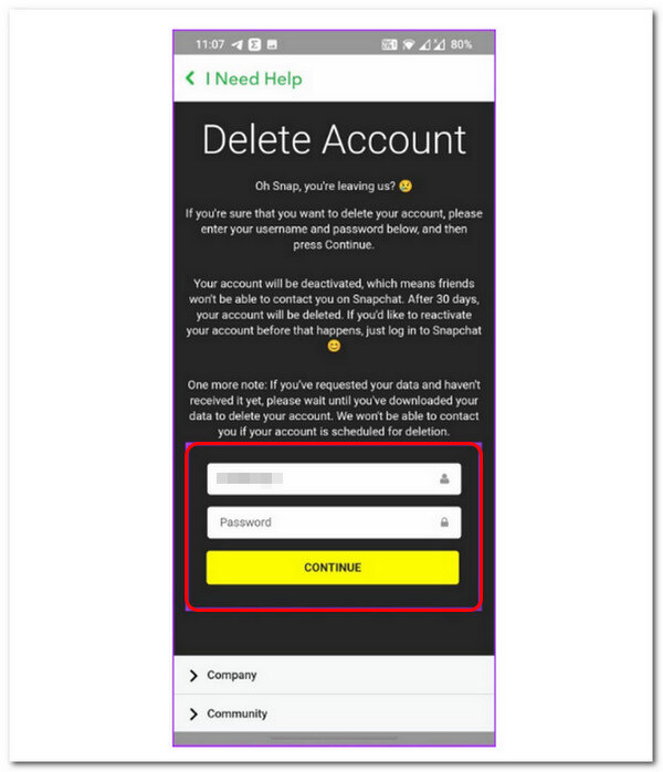 Snapchat Delete Account Page Android