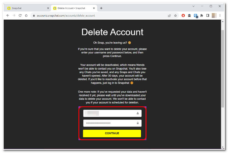 Snapchat Delete Account Page Web