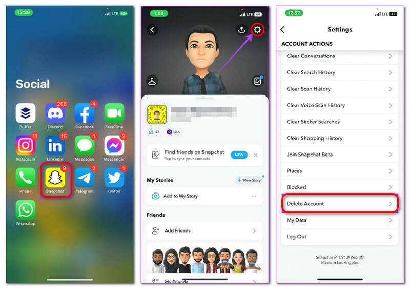 Snapchat Settings Delete iOS