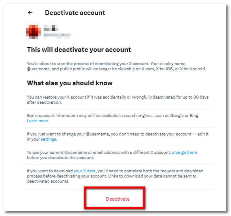 Delete Account Deactivate Button