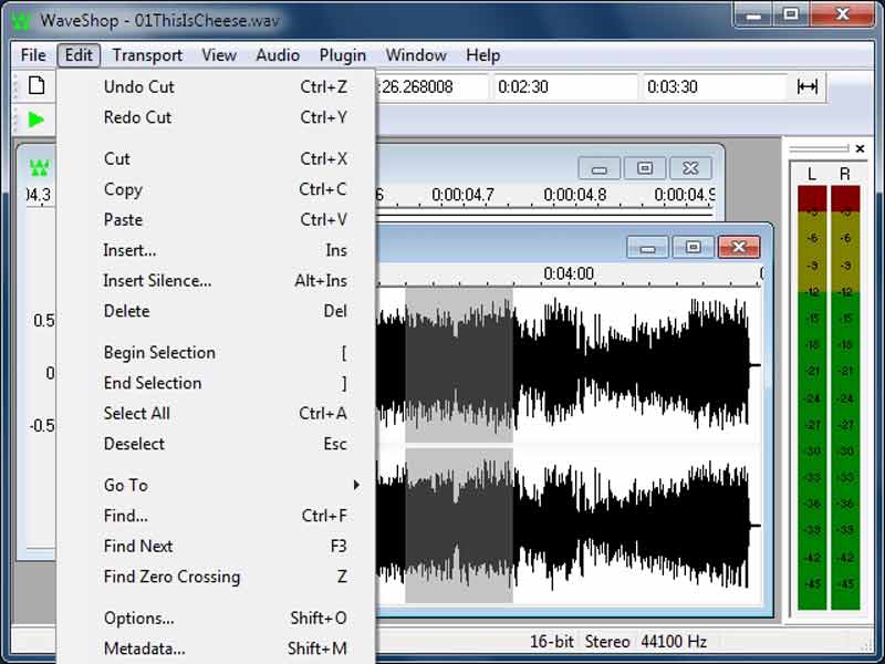 Meniul Editare WaveShop Audio Editor