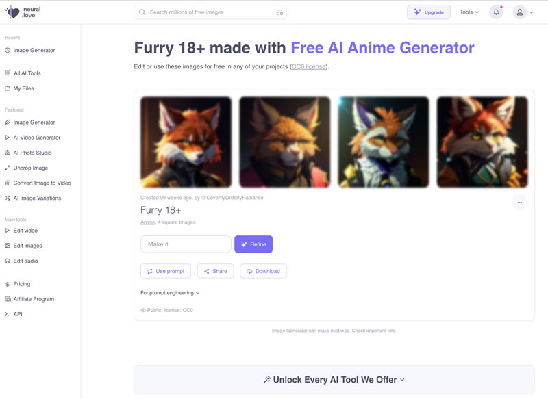 Neural Love AI generátor furry umění