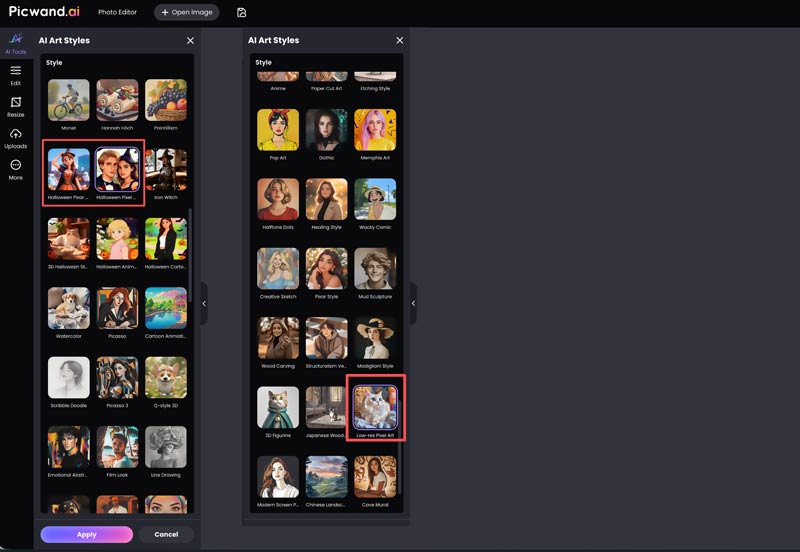 Picwand AI-kunststijlen AI-pixelkunstgenerator