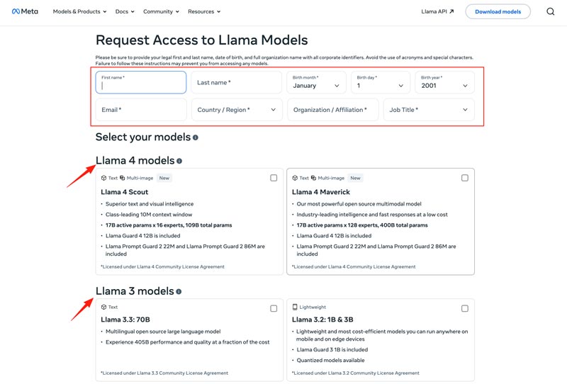 בקשת גישה ל-Lama 4 3 Models