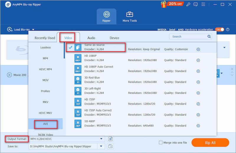AnyMP4 Blu-ray Ripper – בחירת AVI
