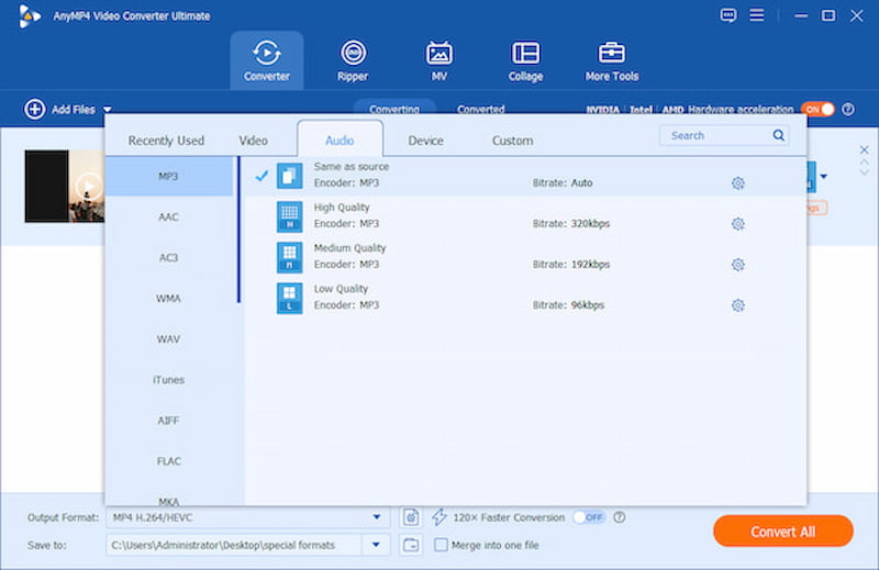 AnyMP4 Video Converter Ultimate – velg MP3 som utgangsformat
