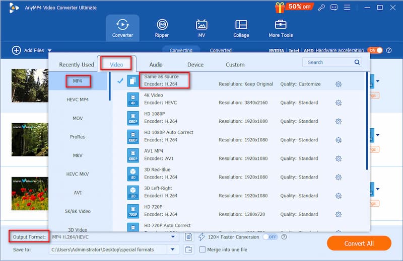 Anymp4 Video Converter Ultimate Zvolit výstup Mp4