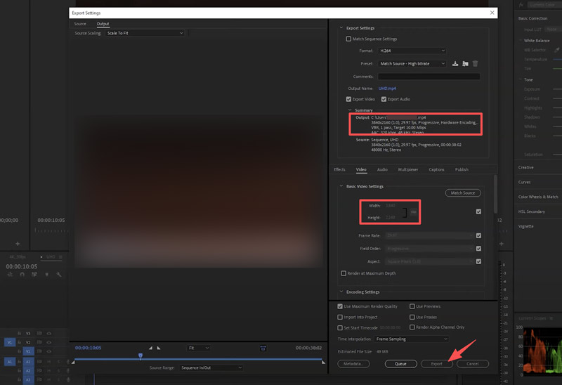 Premiere Pro Diatur ke Pengaturan Ekspor Ukuran Bingkai