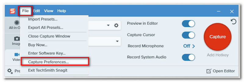 Références de capuchon de fichier Snagit Sr