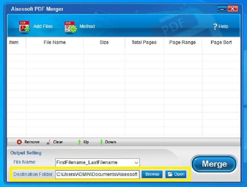 Aiseesoft Free PDF Merger Destination Folder