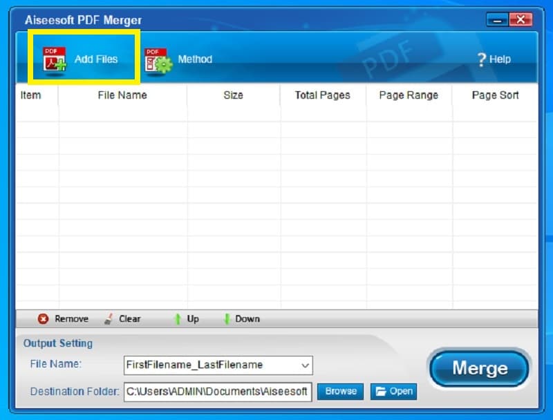 Aiseesoft Free PDF Merger Cách thêm tệp