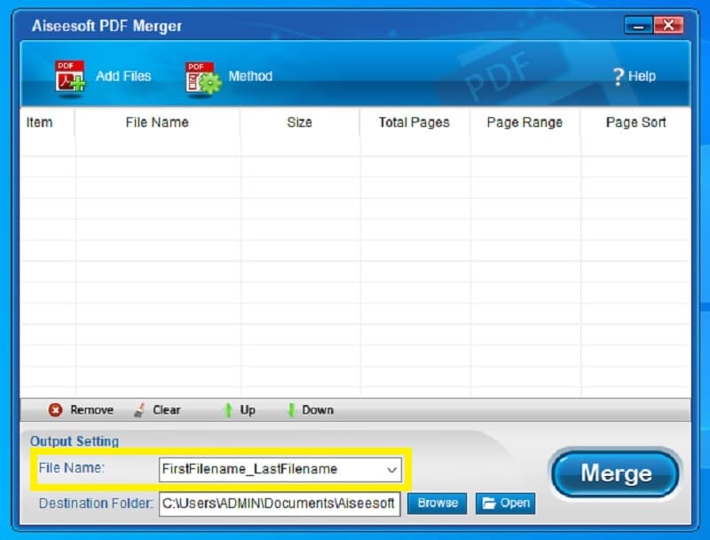 Aiseesoft Free PDF Merger Setting Tên tệp