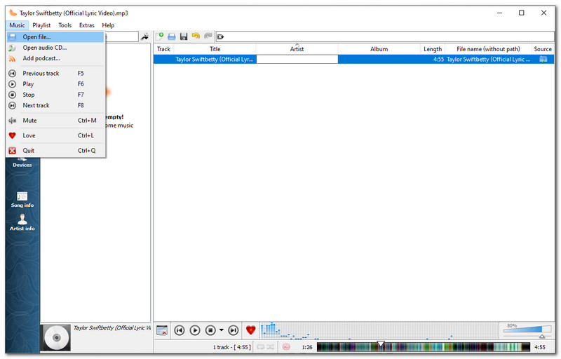 Interface du lecteur de musique Clémentine