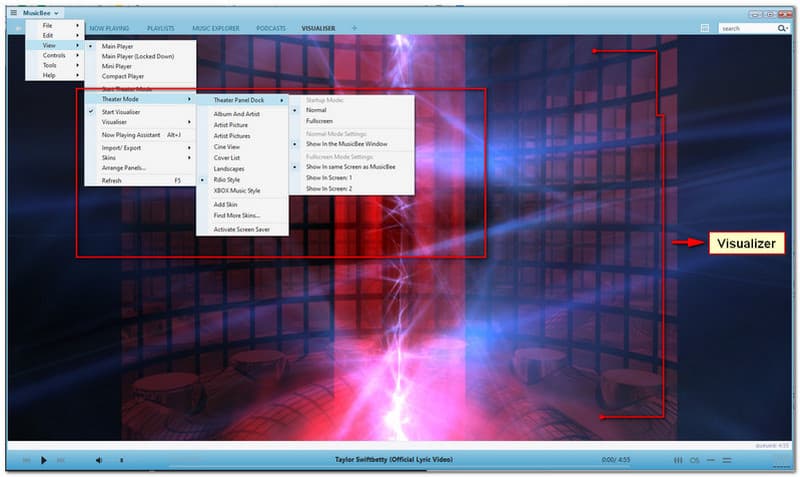 MusicBee विज़ुअलाइज़र थिएटर मोड