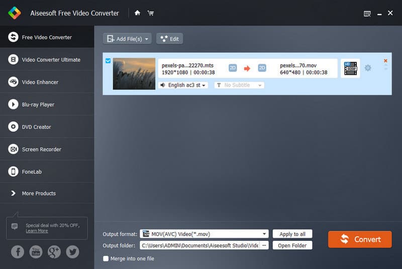 Aiseesoft Gratis MTS Video Converter naar MOV