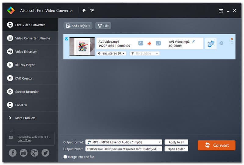 Aiseesoft Free Video AVI to MP3 Converter