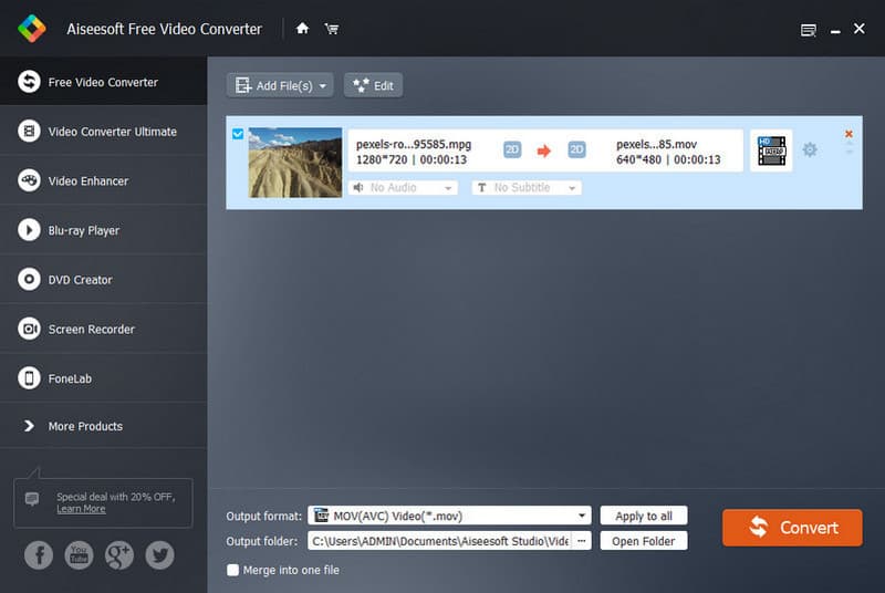 Aiseesoft Free Video Converter MPEG To MOV