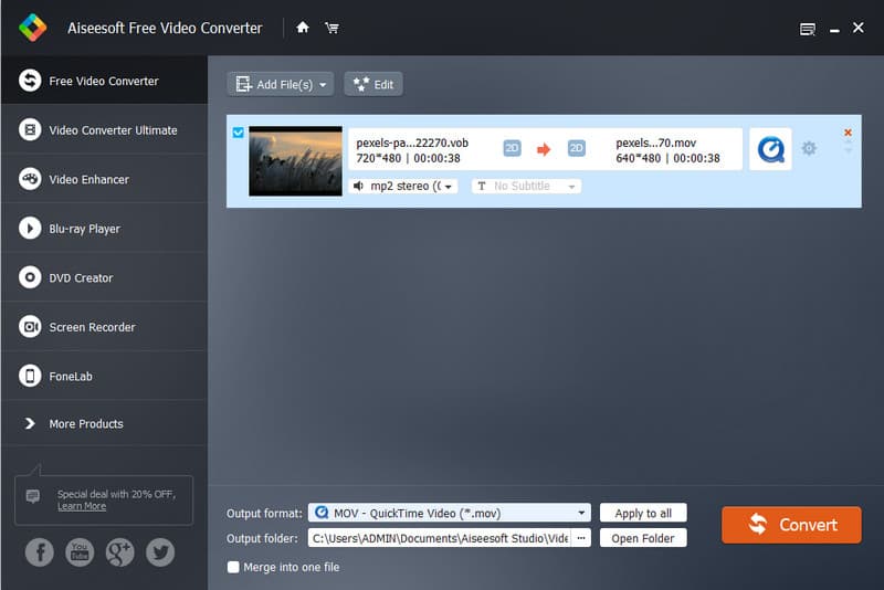 Aiseesoft Free Video Converter VOB To MOV