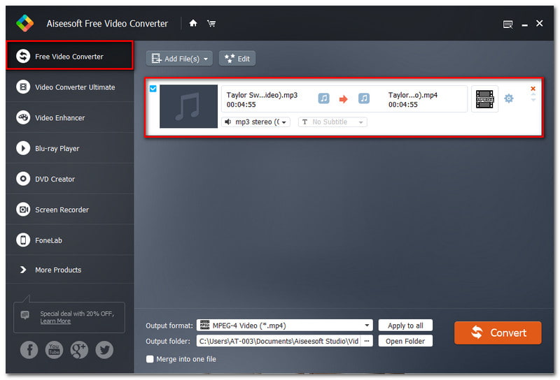 Aiseesoft Gratis video MP3 naar MP4 Converter