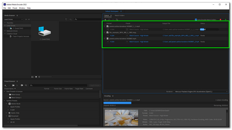 Procesamiento por lotes de Adobe Media Encoder