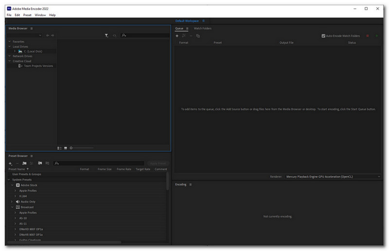 Interface do Adobe Media Encoder