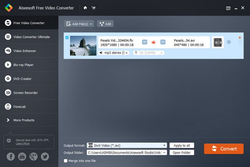 Aiseesoft gratis video-omzetter FLV naar DivX