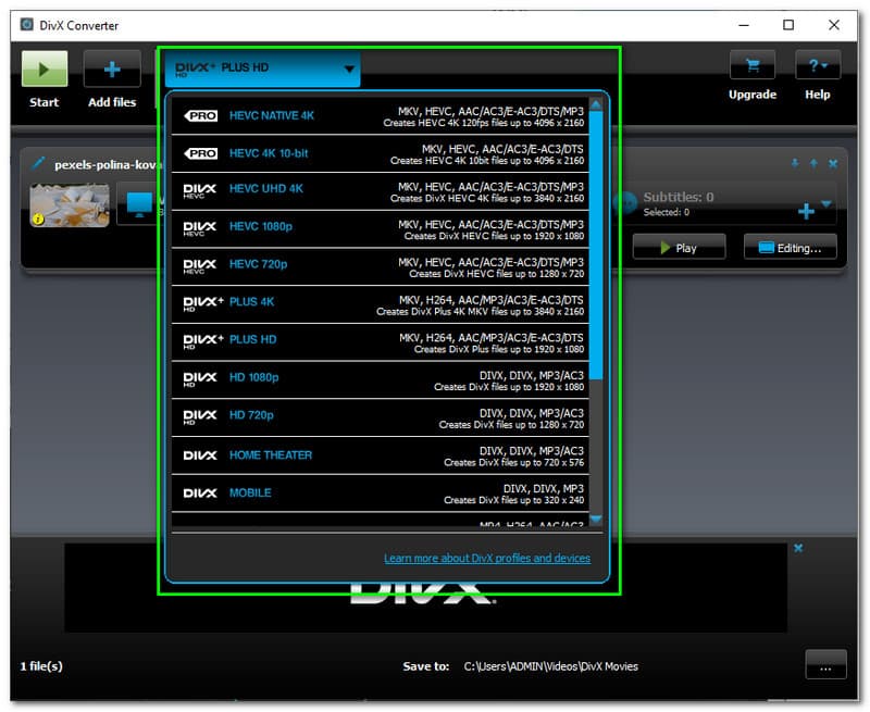 التنسيقات المدعومة لمحول DivX