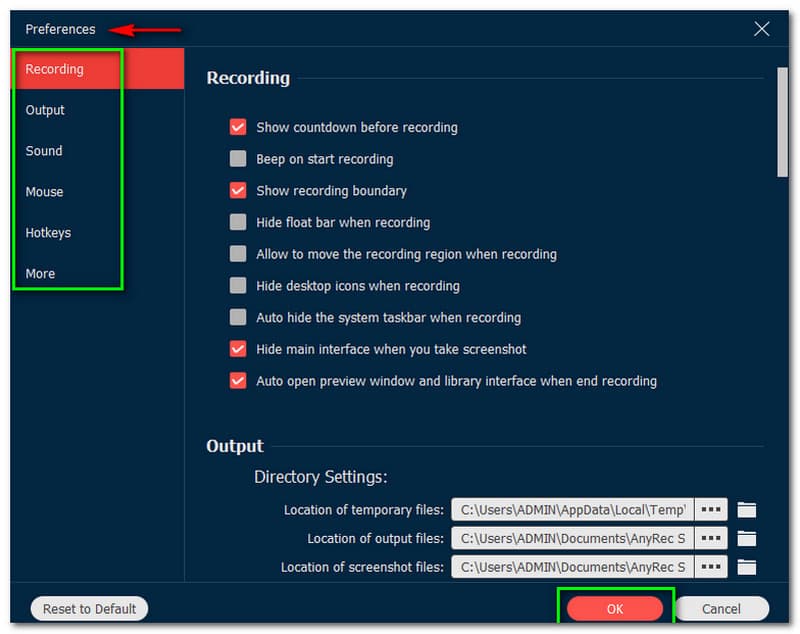 AnyRec Screen Recorder Přizpůsobte předvolby