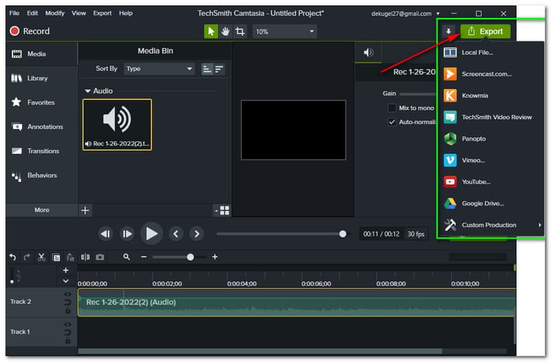 การส่งออกการบันทึกเสียง Camtasia