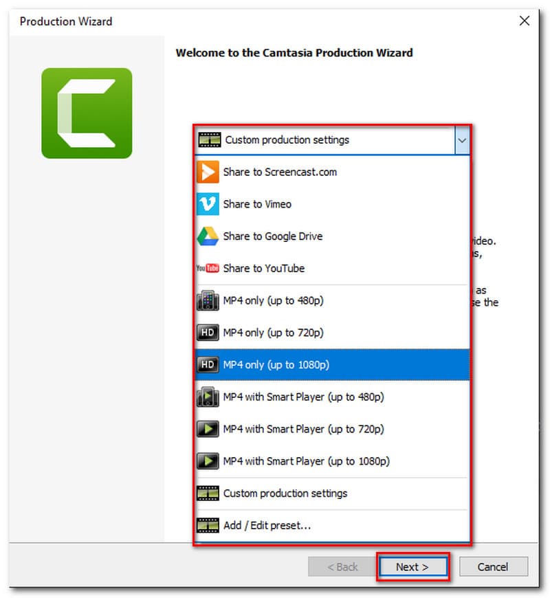 Camtasia brugerdefinerede produktionsindstillinger