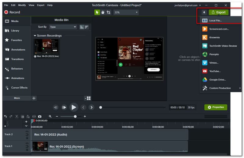 Camtasia स्थानीय फ़ाइल निर्यात करें