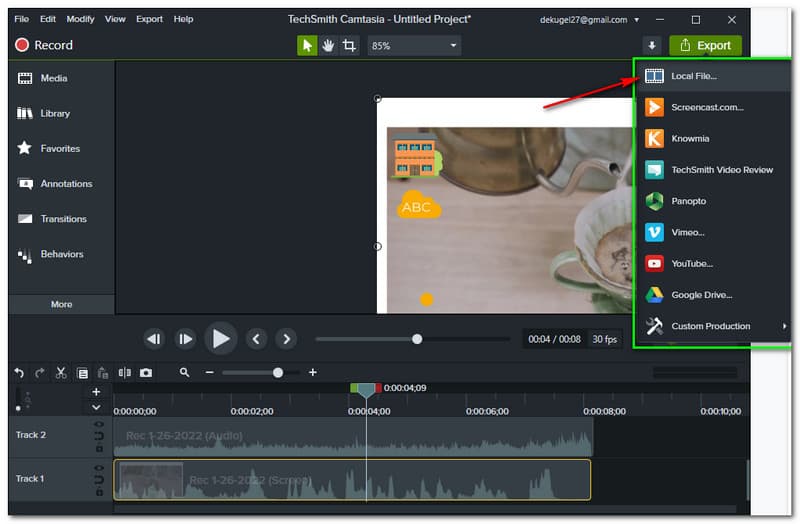 Camtasia Esporta in un file locale