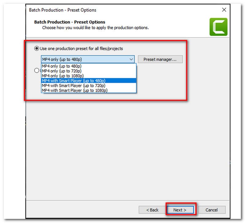 Camtasia-Voreinstellungsoption Weiter