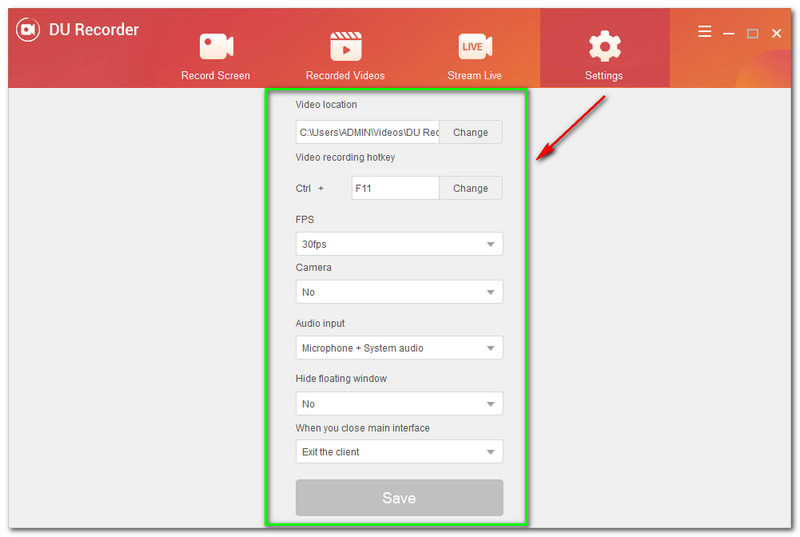 Parámetros de configuración del registrador DU