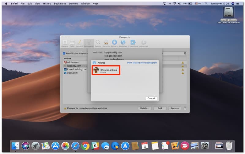 Seleção de senha do Mac para iPhone Airdrop