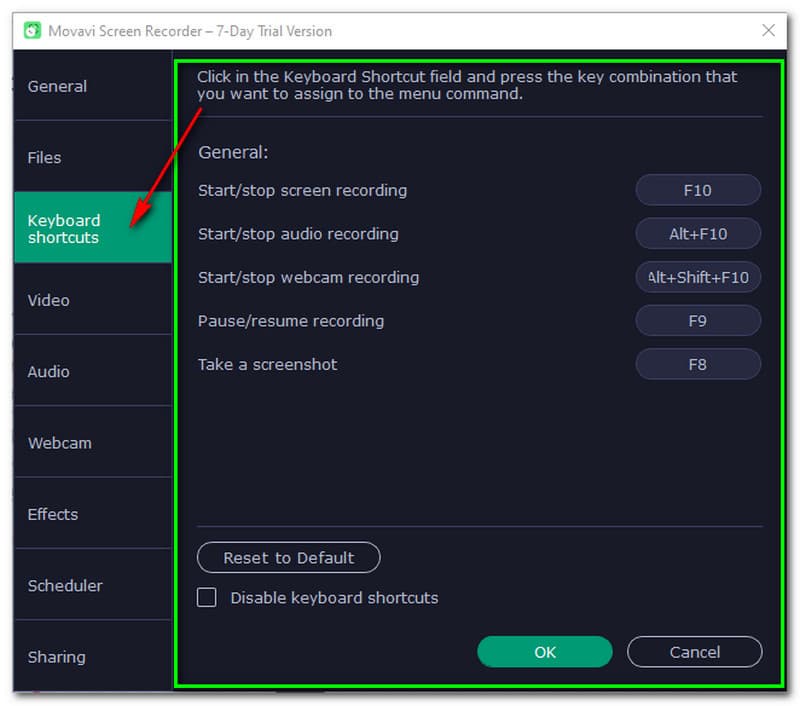 Raccourcis clavier Movavi Screen Recorder