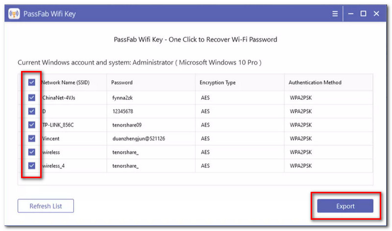 Exportación de clave WiFi PassFab