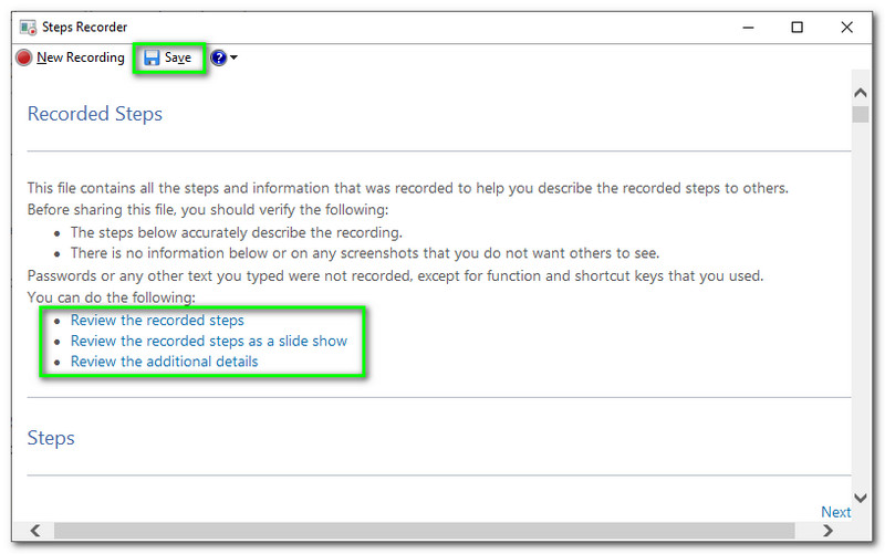 Registratore di passaggi di Windows Salva il file registrato