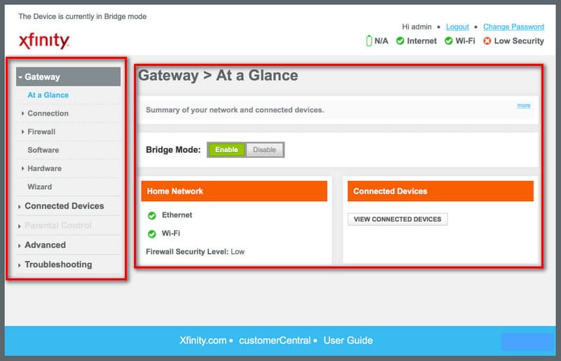 Gateway de interface da Web do roteador Xfinity