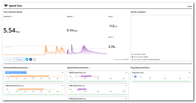 Interface voor snelheidstest van Cloudflare