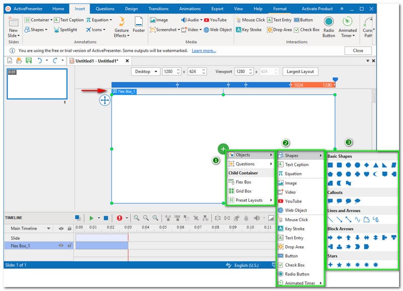 ActivePresenter เพิ่มรูปร่างวัตถุ ฯลฯ