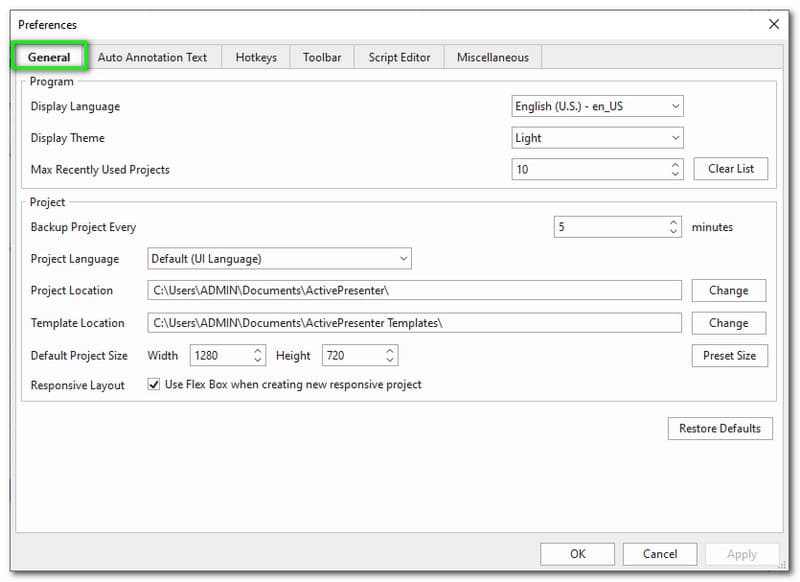 ActivePresenter Preferences General