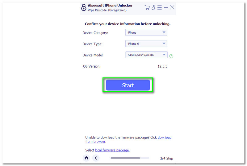 Aiseesoft iPhone Unlcoker पुष्टिकरण प्रारंभ बटन