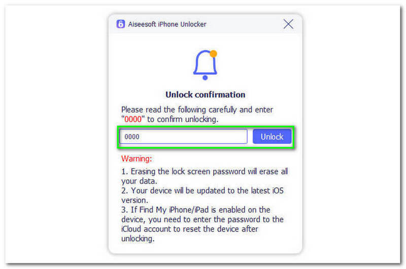 Confirmación de desbloqueo de Aiseesoft iPhone Unlocker