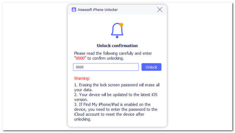 Aiseesoft iPhone Unlocker Wipe Password Confirmation